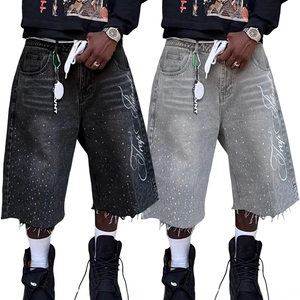 Jeans d'été décontractés pour hommes, shorts rétro longueur <span class=keywords><strong>genou</strong></span> avec lettres et poches brodées, vêtements de mode de rue, - Product Image 1