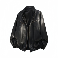 Blouson moto en cuir PU marron pour homme, col montant zippé, style décontracté, avec poignets et ourlet côtelés