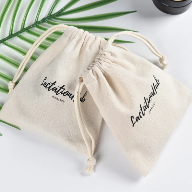 Wholesale Double String Cotton Drawstring Bag Cotton Fabric Custom logo drawstring Pouch Packaging Bags