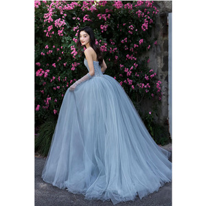 <b>Blue</b> Evening Gown Sweetheart Neckline Empire Waist <b>Glitter</b> Tulle Dress For Coming Of Age Ceremony - Product Image 5