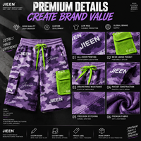 Shorts cargo streetwear personnalisés, fabricant de marques privées, shorts utilitaires camouflage violet, fournisseur de vêtements OEM ODM