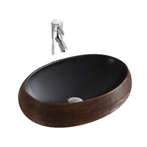Lavabo de comptoir en céramique noire Ouni 600x405mm, ovale, bicolore, brossé, pour salle de bain d'hôtel - Product Image 5
