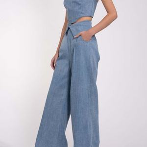 Ensemble en jean OEM pour femme, coupe large, crop top, denim délavé clair - Product Image 2