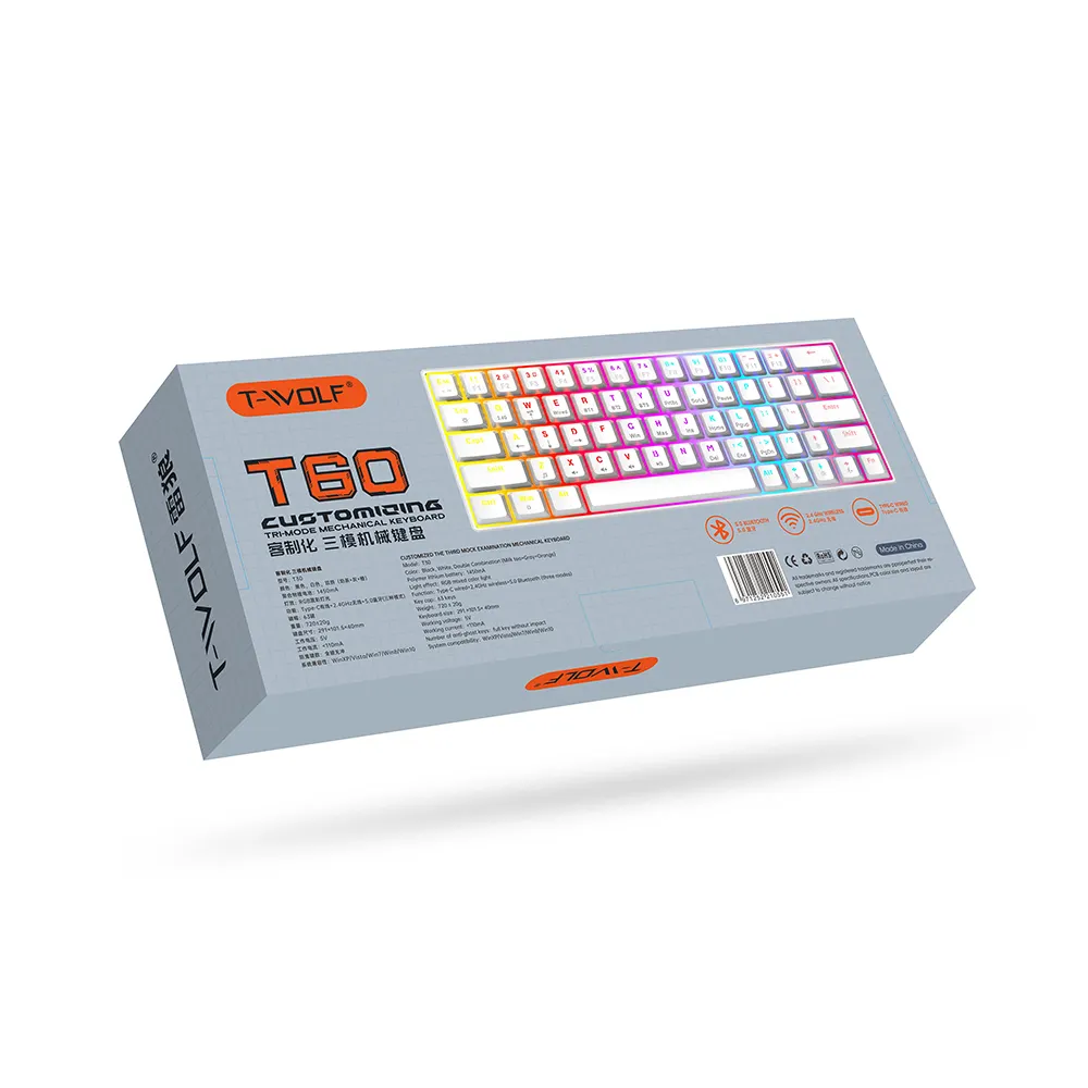 2023 gratis Wolf T60 keyboard mekanis warna cocok dengan notebook kustom komputer kantor 62 tombol keyboard permainan bercahaya Rusia
