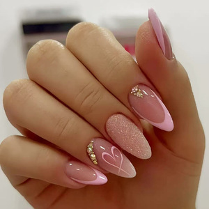 Juego de 24 <span class=keywords><strong>Uñas</strong></span> Postizas de ABS con Punta <span class=keywords><strong>Francesa</strong></span> Rosa, Diseño de Corazón de Lujo, con Brillo y Purpurina, Venta al por Mayor para San Valentín - Product Image 1