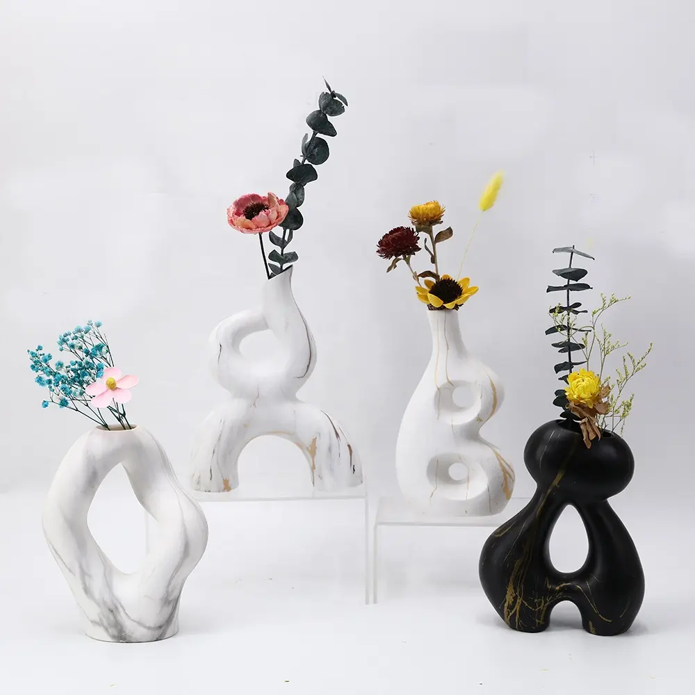 Decoración moderna, jarrón de flores de cerámica de mármol blanco y negro para sala de estar, jarrones bohemios para decoración del hogar