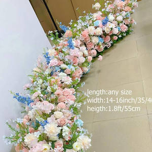 Centre de table VIP en soie bleu poussière, Hortensia et Dahlia, 200x40cm, pour décoration de mariage, chemin de table en fleurs de soie - Product Image 1