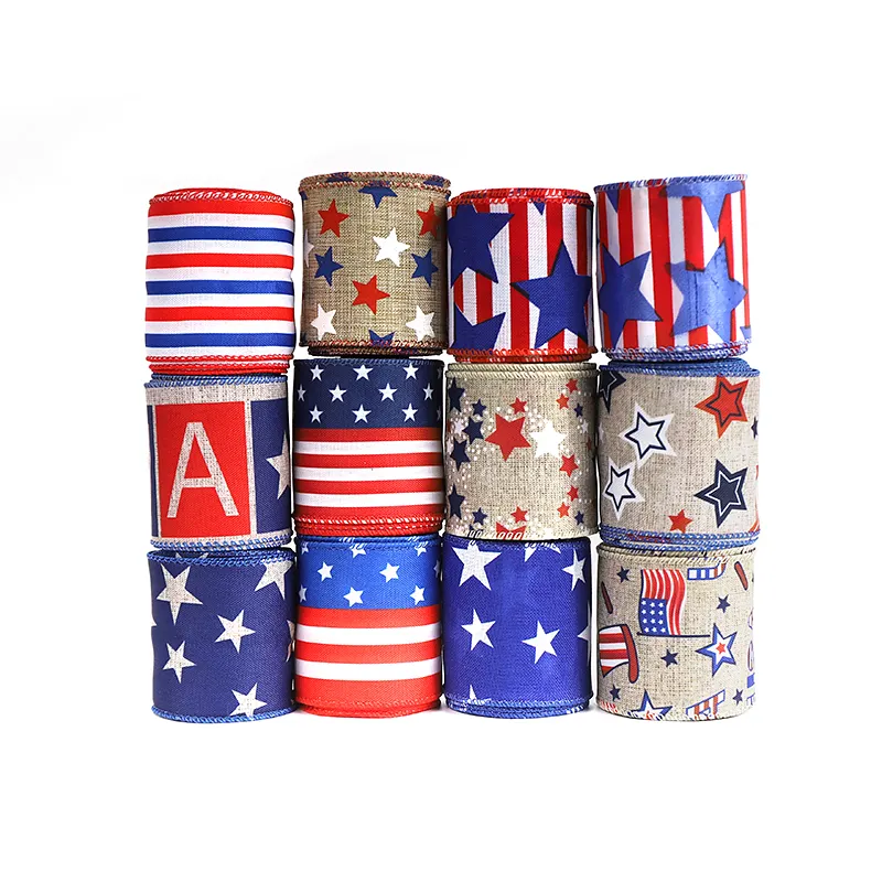 1 Roll 5 Yards Wholesale Bulk 6.3cm Wide Burlap American Independent Day Ribbon For Wreath Gift Decoration Bow Making