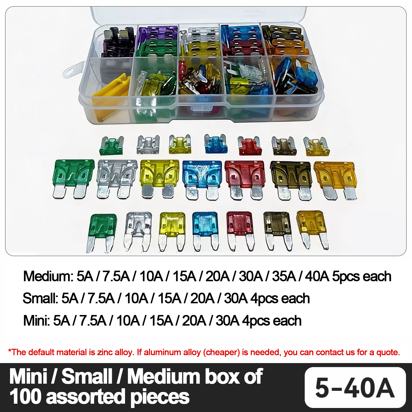 Mini / Petite / Moyenne Boîte de 100 pièces 5~40A