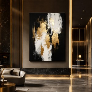 Peinture abstraite dorée et noire sur toile, grande taille, personnalisable, faite à la main, texture 3D, art mural minimaliste pour la décoration d'hôtels de luxe - Product Image 1