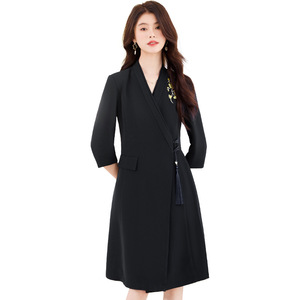 Chinese Style <b>Wrap</b> Dress Women Mid Sleeve V Neck <b>Black</b> Royal Blue Apricot Polyester Career Dress With Chinese Knot Design - Product Image 5