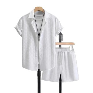<span class=keywords><strong>Ensemble</strong></span> <span class=keywords><strong>chemise</strong></span> <span class=keywords><strong>et</strong></span> <span class=keywords><strong>short</strong></span> pour <span class=keywords><strong>homme</strong></span> de haute qualité, couleur unie noir <span class=keywords><strong>et</strong></span> blanc, manches courtes, texture à carreaux, style décontracté, pour la plage <span class=keywords><strong>et</strong></span> les activités de plein air - Product Image 5