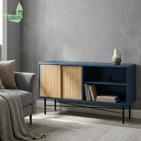 Meuble TV en bambou écologique bleu marine avec portes coulissantes, rangement ouvert et pieds en métal pour salon – OEM/ODM