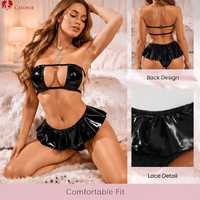 Ensemble de lingerie sexy en cuir PU noir pour femme, soutien-gorge et culotte, jupe à volants en vinyle, costume, sous-vêtements, vêtements intimes tendance