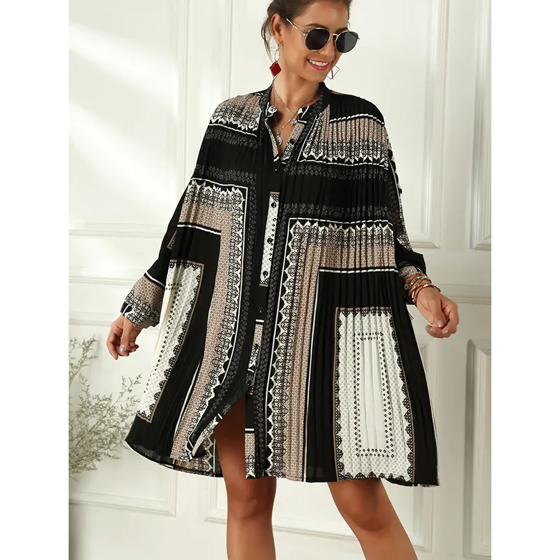 Wholesale 2021 Spring and Summer Elegant Temperament Printed Totem Female Dress Casual Loose Lace Pleated Female Dress