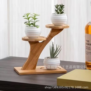 Bamboo double-layer flower <b>stand</b>, desktop bay window bonsai <b>stand</b>, decorative office bookshelf, green plant flower <b>pot</b> <b>stand</b>, - Product Image 2
