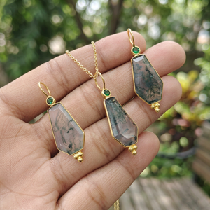 High quality natural moss agate <b>with</b> emerald cz accent pendant charms 18k gold plated coffin shape unisex wear jewelry necklace - Product Image 5