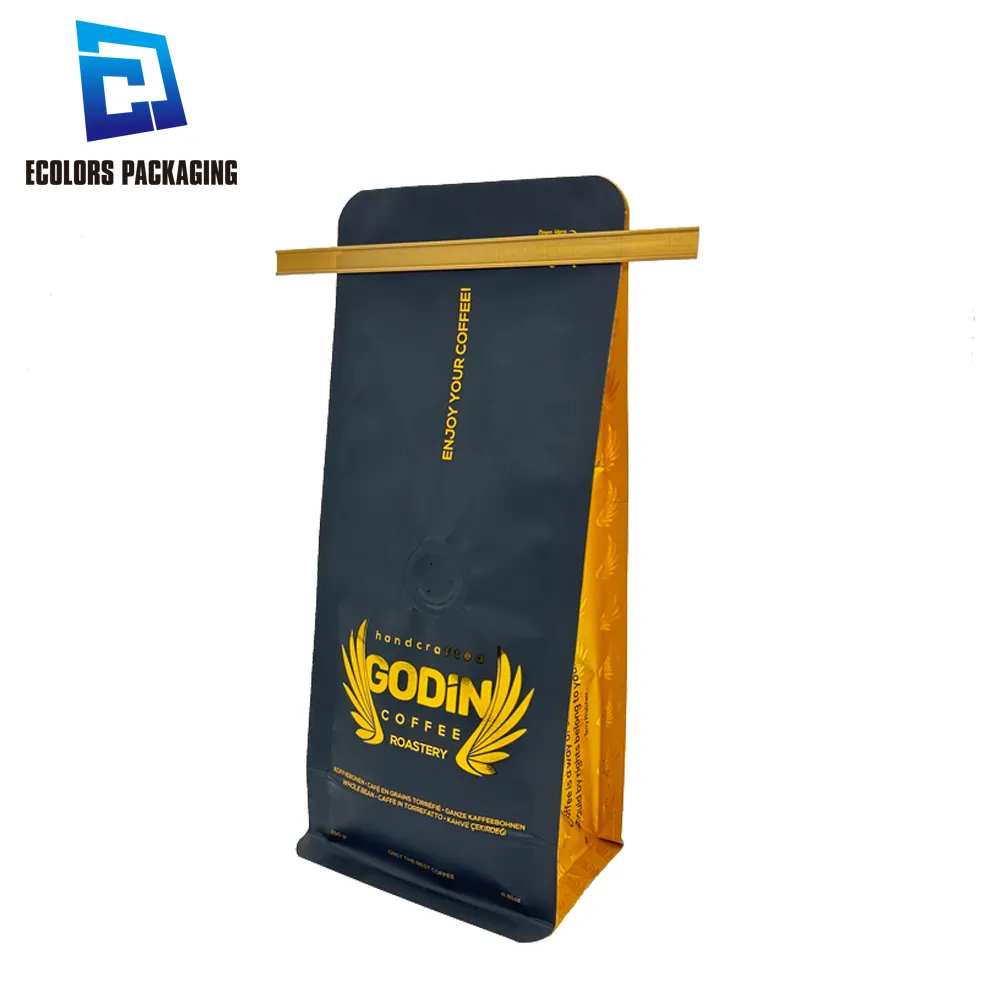 खाद्य ग्रेड 250 ग्राम 500 ग्राम 1 किलो टिन टाई सील सोने की प्रिंटिंग धातु काले मैट प्लास्टिक पैकेजिंग वाल्व के साथ फ्लैट नीचे कॉफी बैग