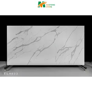 Top Quality Calacatta White Marble Look Manufacturer Kitchen Price Tile Island Beige Engineered Half Quartz Stone