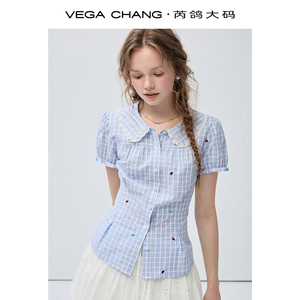 VEGA CHANG Light Blue Gingham <strong>Peter</strong> <strong>Pan</strong> <strong>Collar</strong> Short Sleeve <strong>Blouse</strong> for Women Lace Trim <strong>Collar</strong> Colorful Embroidery Puff Sleeve - Product Image 4