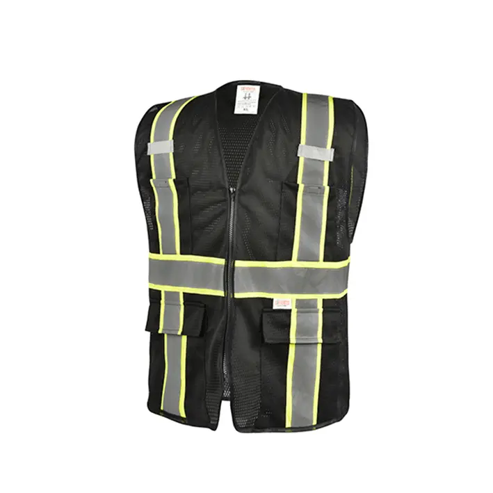 Venta al por mayor de alta visibilidad de seguridad negro chaleco reflectante con bolsillos