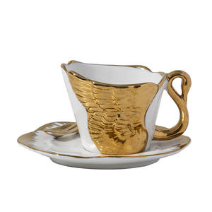 Tasse à café en céramique plaquée or, tasse à expresso et soucoupe, ensemble tasse et soucoupe à café paon électroplaqué - Product Image 1