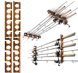Support mural moderne et personnalisé pour cannes à pêche, à trois niveaux, en bois brûlé, réglable, pour <span class=keywords><strong>rangement</strong></span> vertical dans le garage - Product Image 5