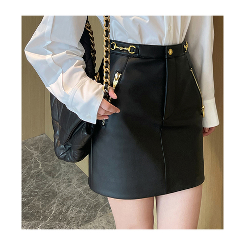 3336 Street Style High Waist Golden Coating Decoration Genuine Sheepskin Leather Skirt Short With Zipper for Women