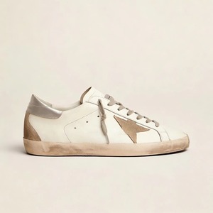 Designer Inspired Vintage Star Lace-Up Sneakers Comfort Worn-Out Style Genuine Leather Casual Jogging <b>Shoes</b> Glitter Heel Rubber - Product Image 1