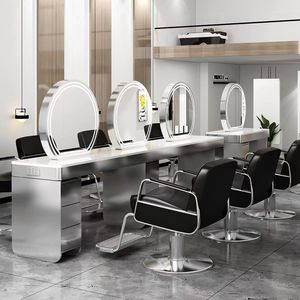 Hair Salon Double-sided <b>Mirror</b> with Lamp & Cabinet Stainless Steel Hot Dyeing <b>Mirror</b> <b>Table</b> Internet Famous Salon Furniture - Product Image 2