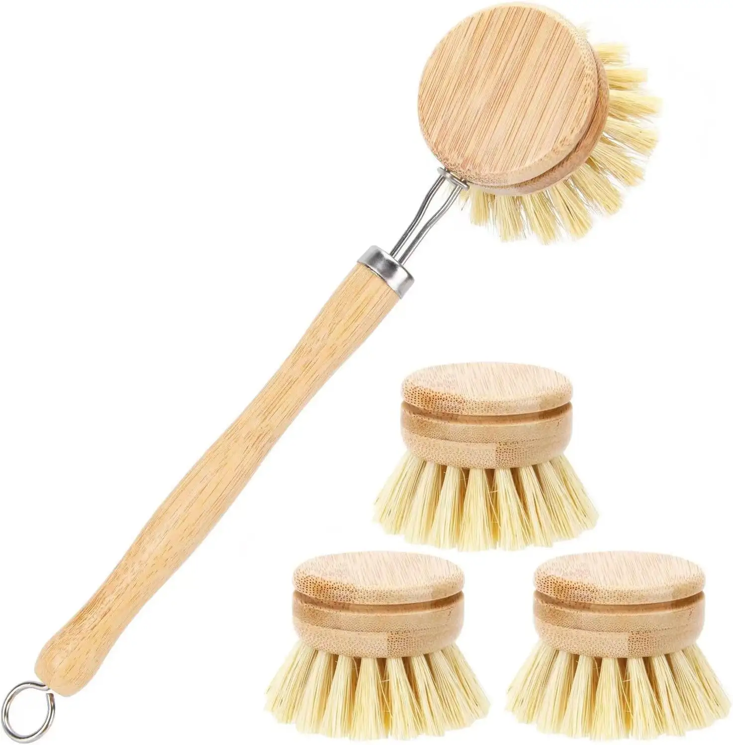 Spazzola per piatti in bambù con 4 testine di ricambio prodotti ecologici spazzola per piatti naturale Set di spazzole per la pulizia durevoli