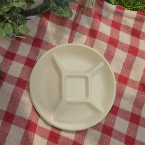 Assiettes blanches et brunes jetables biodégradables rondes à 5 compartiments Plat en papier jetable à base de canne à sucre et de <span class=keywords><strong>bambou</strong></span> - Product Image 3