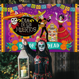 LINDOJUNI Decoración para Fiesta del Día <span class=keywords><strong>de</strong></span> <span class=keywords><strong>Muertos</strong></span> Mexicana, Fondo con Diseño <span class=keywords><strong>de</strong></span> Calaveras, Tela Decorativa para Fiestas - Product Image 5