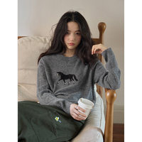 Pull en cachemire personnalisé à col rond et manches longues, imprimé animal, avec logo sur le devant, pour femme, hiver, gris haut de gamme