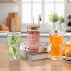 Offre Spéciale de haute qualité réutilisable 20oz/600m <span class=keywords><strong>LGlass</strong></span> Drink Cup Set Coffee Beverage Striped Glass Tumbler Set avec couvercle en bois Straw - Product Image 1