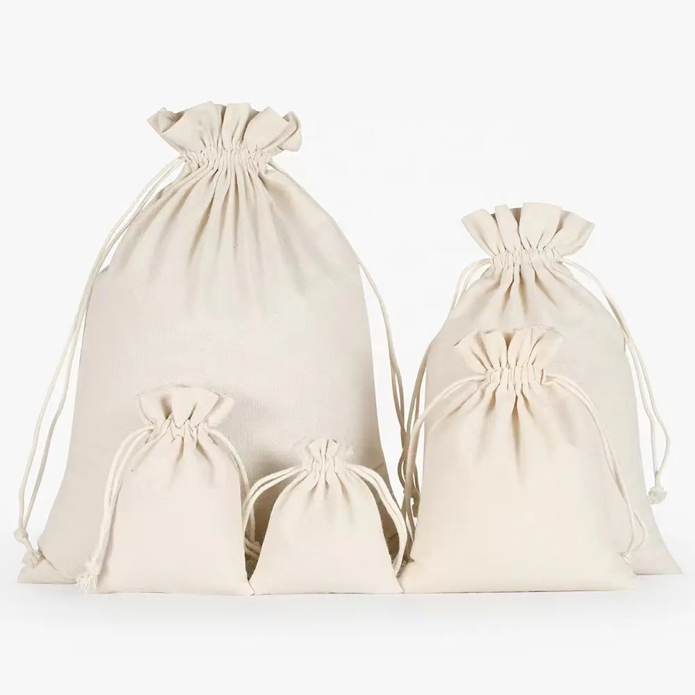 Bolsas pequeñas de algodón orgánico para el polvo, bolsa blanca y Natural con cordón ajustable, con logotipo impreso personalizado, para Navidad