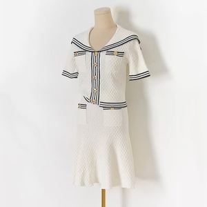 Venta directa de fábrica, conjuntos informales elegantes a rayas para mujer, suéteres de punto de manga corta con cuello en V y un solo botón, Top tipo superior - Product Image 2