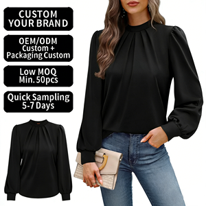 Camisas de Manga Larga <span class=keywords><strong>con</strong></span> Logotipo Personalizado OEM y ODM para Mujer, Blusas <span class=keywords><strong>con</strong></span> Cuello Alto, Blusas <span class=keywords><strong>con</strong></span> Pliegues Delanteros, Blusas Elegantes Casuales de Primavera y Otoño, <span class=keywords><strong>Blusa</strong></span> de Poliéster - Product Image 1