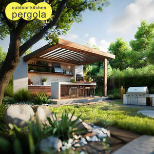 Pérgola de cocina al aire libre moderna de grano de madera de diseño elegante unida <span class=keywords><strong>a</strong></span> la <span class=keywords><strong>pared</strong></span> con parrilla de barbacoa Gazebo para mejorar el espacio al aire libre - Product Image 1