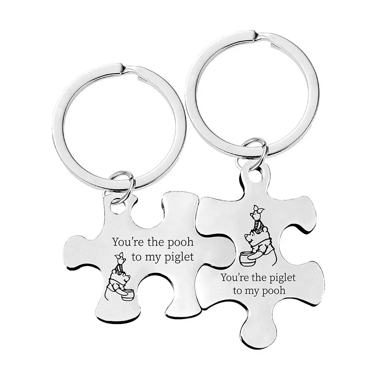 Amazon hot sale couple Husband Wife Valentine's Day Gift lover key chain charm Stainless Steel puzzle piece couple keychains