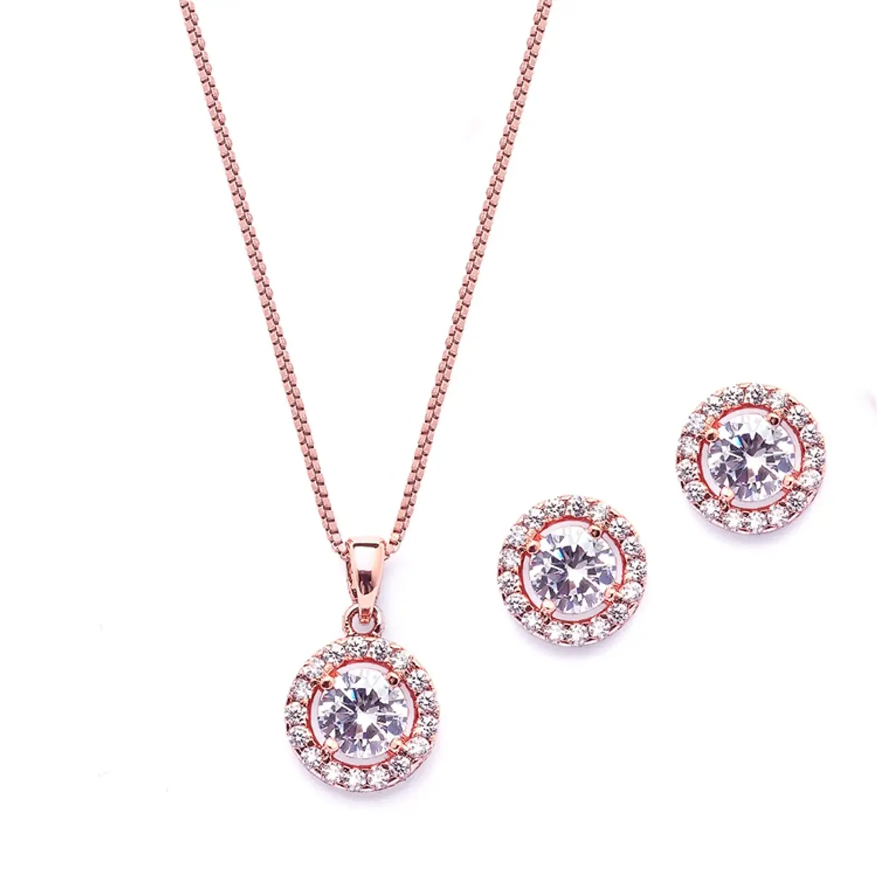 Luxury Round Shape Cute Women Girl Necklace Earrings Jewelry Set Rose Gold Halo CZ Bridal Prom Jewelry Set