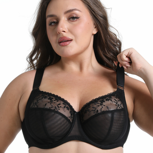 Maßgefertigter Seitenstützender Komfort-Bralette Vollständige Abdeckung Push-Up Einfarbig Bestickter Übergrößen-Bügel-BH mit Spitze für Damen - Product Image 3