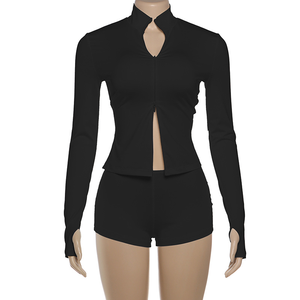 Temel 2 parça Set kadın eşofman rahat sportif çift Zip kırpma üstleri + şort eşleşen streç katı kıyafetler - Product Image 4