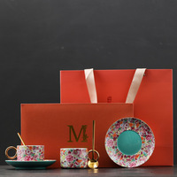 Ensemble tasse à café et soucoupe en porcelaine florale avec poignée dorée, mug à motif Millefleur avec cuillère dans un coffret cadeau