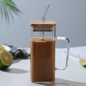 Eco-friendly Borosilicate Square Glass Cup Straw <strong>Transparent</strong> Handle 400ml BPA Free Reusable Food Safe Modern Can <strong>Mason</strong> <strong>Jar</strong> - Product Image 6