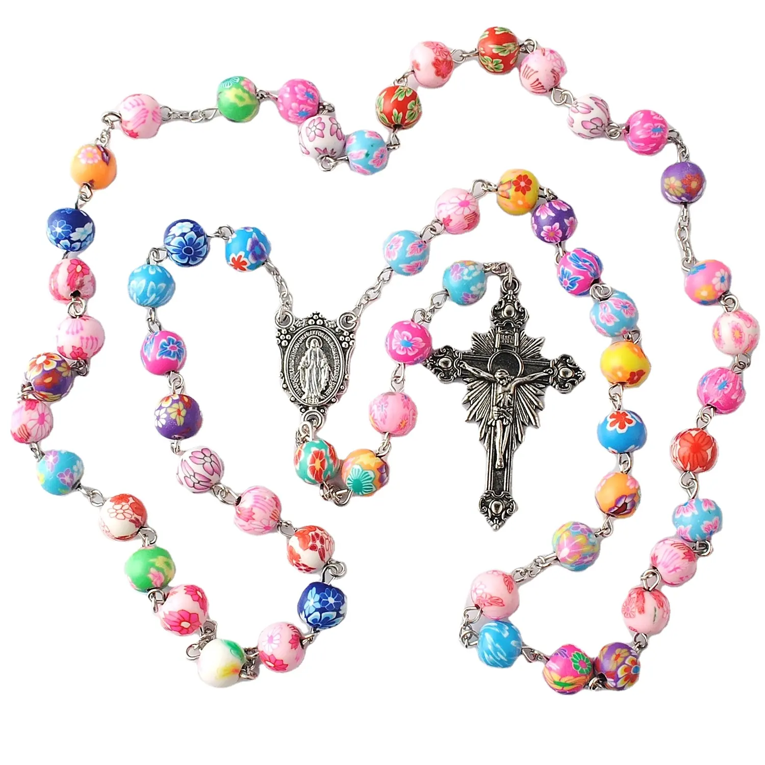 8mm Multicolor Clay Beads Catholic Rosary Girls Necklace with Antique Silver Plated Virgin Mary Center Piece Medal and Crucifix