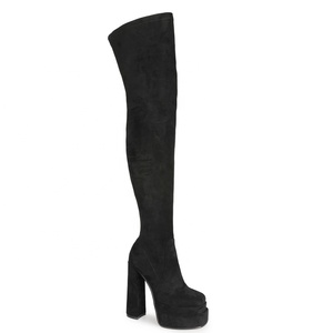 Bottes hautes en daim noir pour femme, plateforme tendance hiver 2021, talon épais, bottes cuissardes moulantes, grande taille 45 - Product Image 2