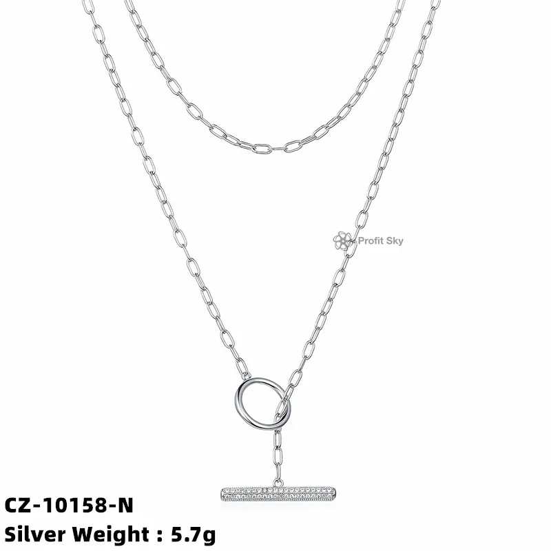 Trendy Jewelry 925 silver Gold Plated and Zircon T-BAR Pendant OT Clasp For Women Long Curb Chain Necklace