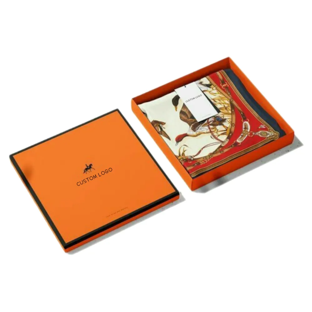 صندوق هدايا من الورق المقوى فاخر مخصص بشعار بغطاء وقاعدة ورقية ووشاح مخفوق من أجل الأوشحة