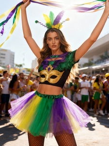 Disfraz <span class=keywords><strong>de</strong></span> <span class=keywords><strong>Carnaval</strong></span> Brasileño para Mujer, Conjunto <span class=keywords><strong>de</strong></span> Disfraz para Fiesta, Top Morado y Verde, Falda <span class=keywords><strong>de</strong></span> Tul para Adultos - Product Image 3